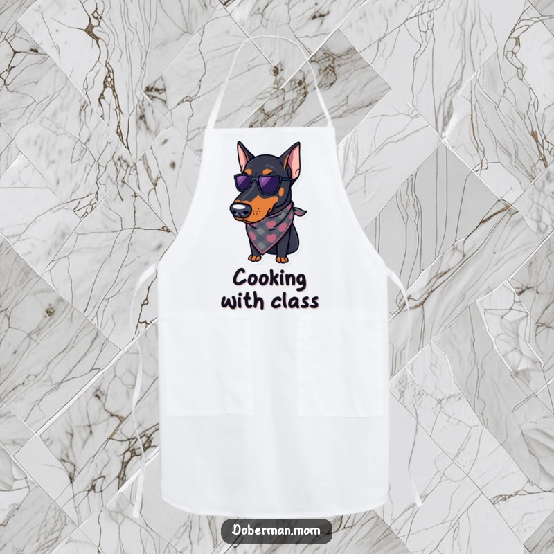 Funny Doberman Apron: A regal Doberman wearing a stylish bandana, ready to protect your clothes with a humorous and elegant flair.