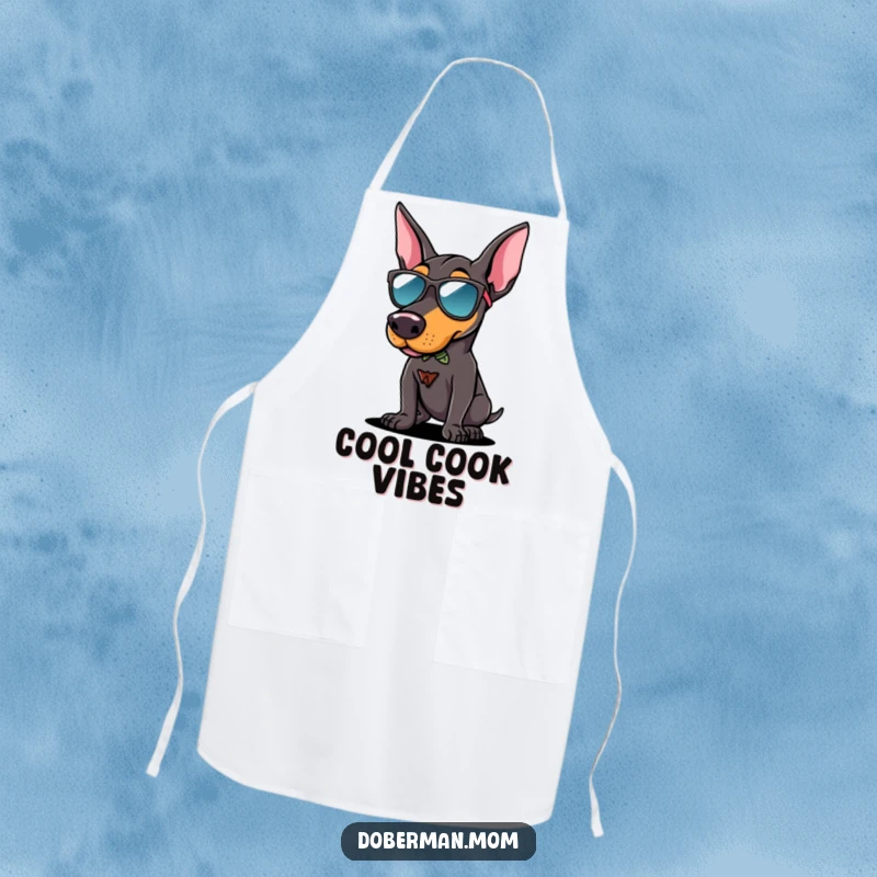 Funny Doberman sunglasses apron showing a dog in cool shades striking a confident pose, perfect for cooking and dog lovers.
