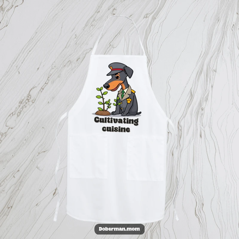 Uniformed Doberman carefully tending a small sapling while wearing an apron, a funny kitchen gift.