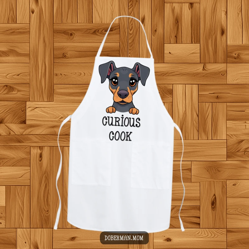 Funny Doberman apron featuring a dog with expressive, curious eyes, perfect for kitchen duties and adding humor.