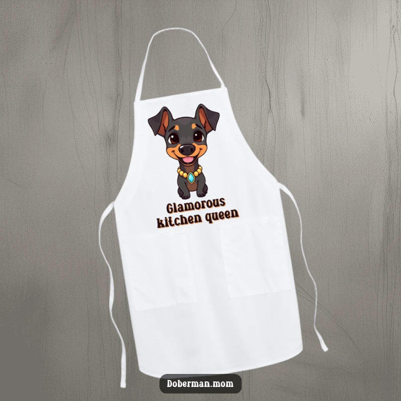 Doberman wearing a jeweled collar, smiling confidently on a kitchen apron, bringing refined humor to cooking.