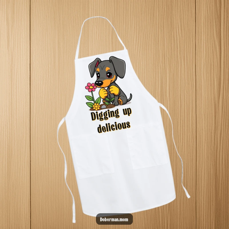 Funny apron showing a Doberman with gardening gloves planting a vibrant flower, perfect for a humorous gardener.