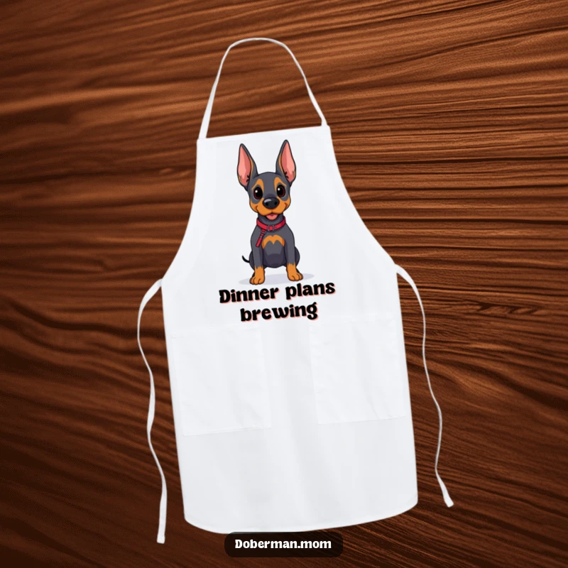 Funny Doberman Adventure Apron: A hopeful Doberman dog with a leash looks onward, prepared for kitchen fun.