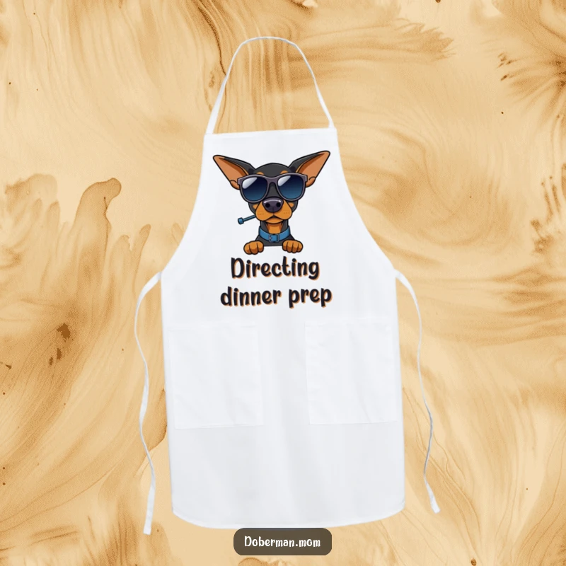 Funny Doberman traffic cop apron, dog in sunglasses and hat, directing kitchen traffic, culinary protection.