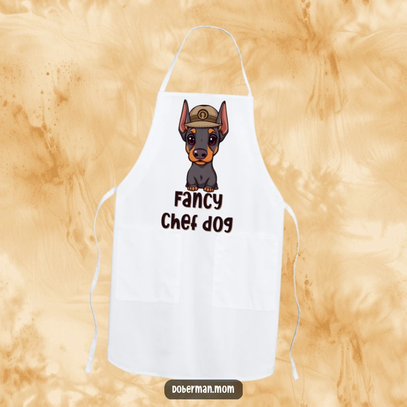 Funny Doberman hat apron showing a distinguished dog in a small hat looking important, perfect for elegant cooking and dog lovers.