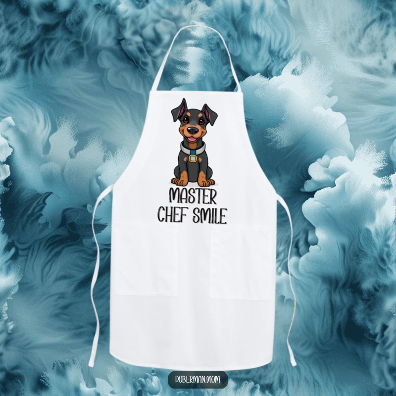 Doberman with a polished collar smiling confidently, wearing an apron, a funny kitchen gift.