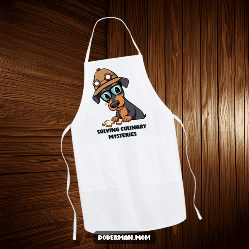 Funny Doberman detective apron showing a smart dog in a hat, ready to solve any kitchen mystery with flair.