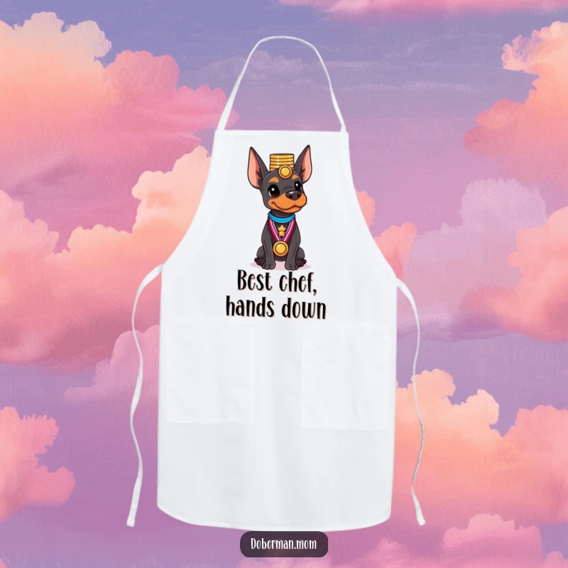 Funny Doberman apron with a dog balancing a tall stack of shiny medals on its head, ready to cook.