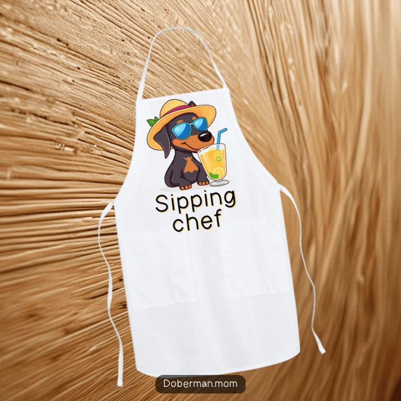 Funny Doberman dog wearing a sun hat and sipping a drink, a humorous apron for summer BBQs.