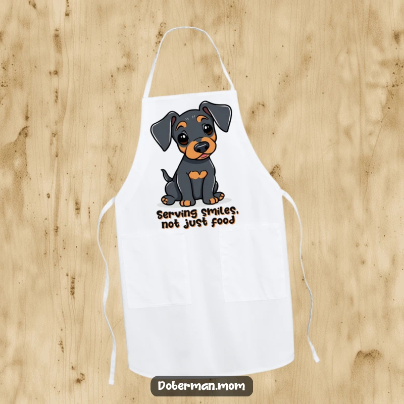 Funny Doberman apron with an alert dog gently wagging its tail, adding cheerful humor and protection for kitchen adventures.