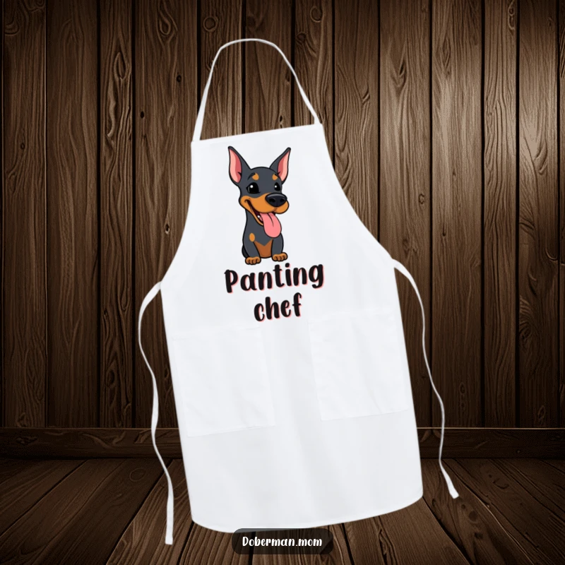 Funny apron showcasing a Doberman dog with its tongue slightly out, panting happily, perfect for kitchen cheer.