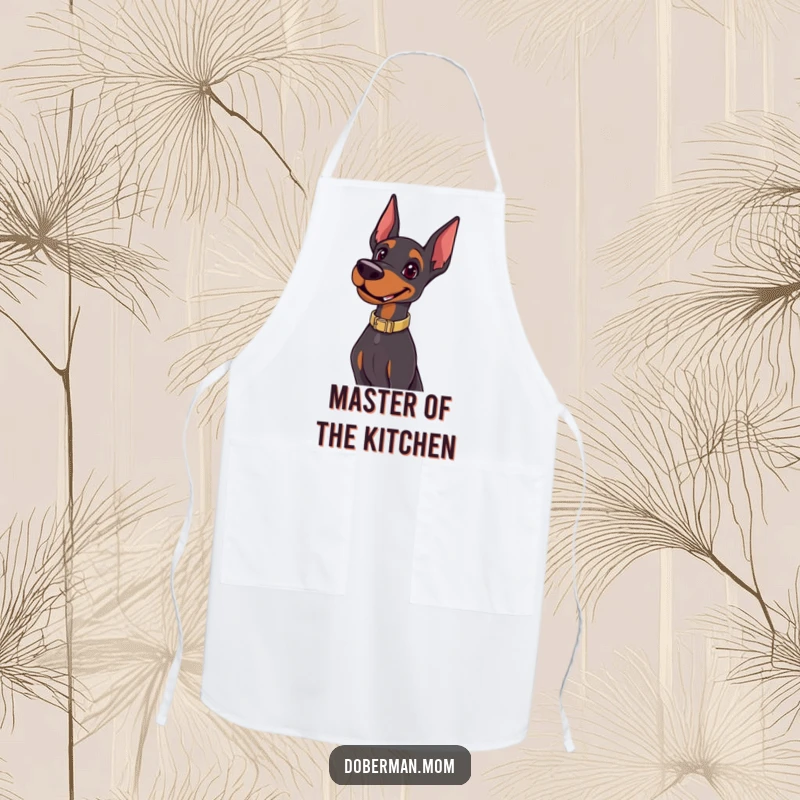 Funny Happy Doberman Pose Apron: a happy dog with a collar poses confidently; humorous and stylish kitchen wear.