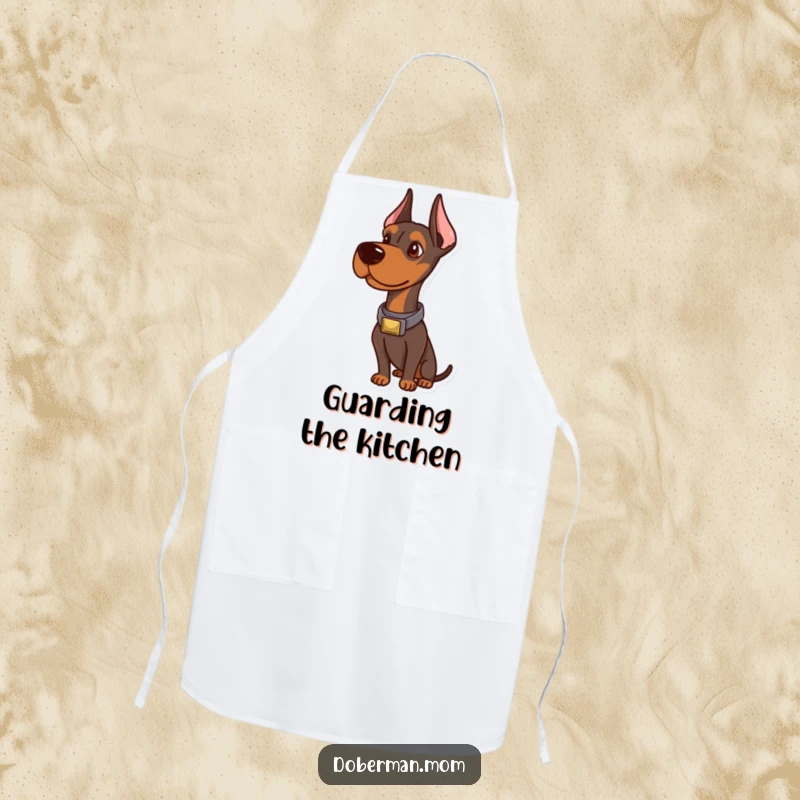 Funny Doberman Apron: A sophisticated Doberman in a smart collar, looking alert and ready to assist in the kitchen.
