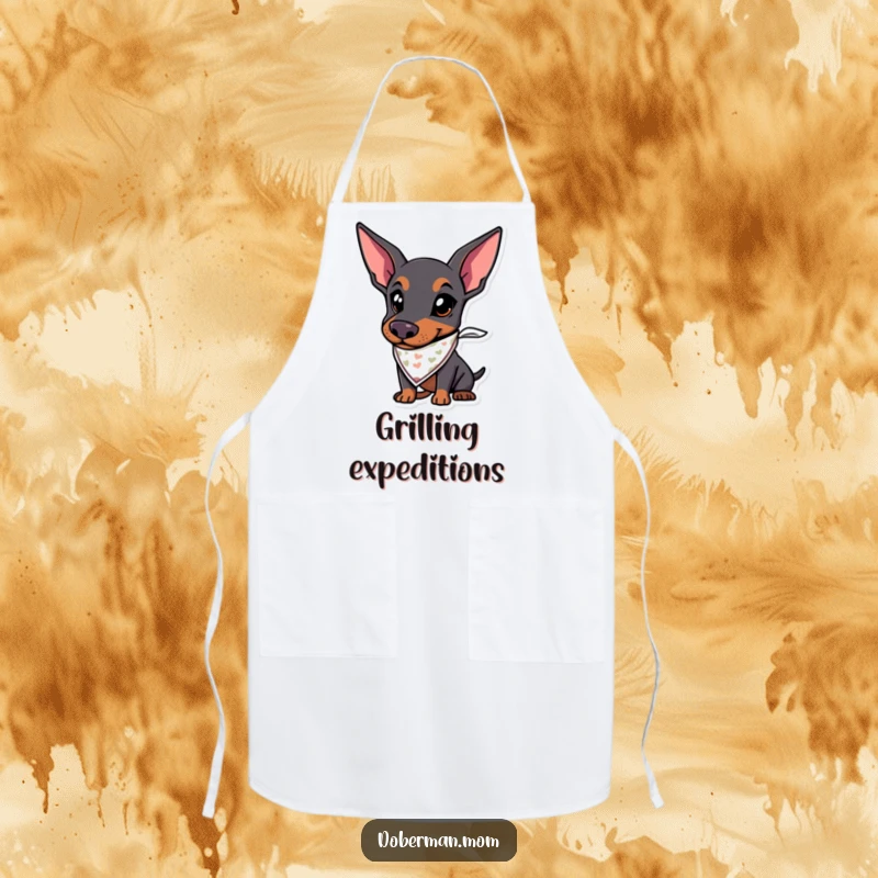 Funny apron showcasing a Doberman dog wearing a bandana, looking ready and excited for culinary adventures.