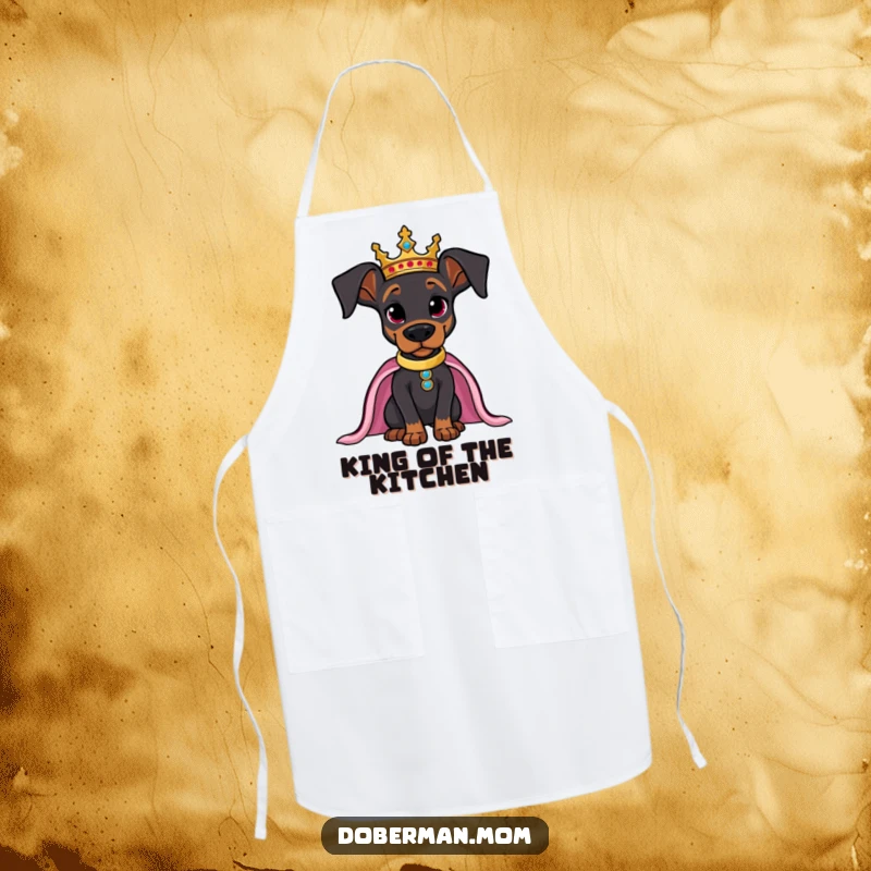 Funny apron depicting a regal Doberman wearing a crown, posing confidently, perfect for a royal chef.