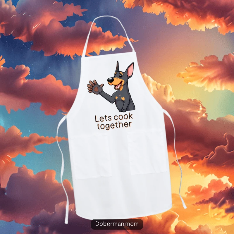 Funny Doberman apron showing a delighted dog offering a friendly paw, perfect for cooking with welcoming humor.