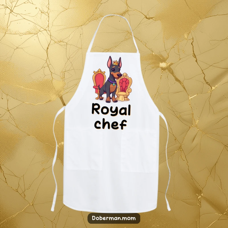 Funny Doberman apron showing a proud Doberman with a tiny crown and miniature throne, perfect for kitchen royalty.
