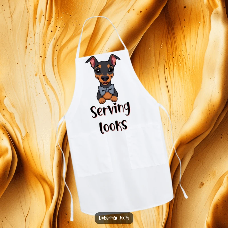 Funny Doberman Bow Tie Wink Apron: a dapper dog wearing a bowtie winks; perfect kitchen accessory for humorous chefs.