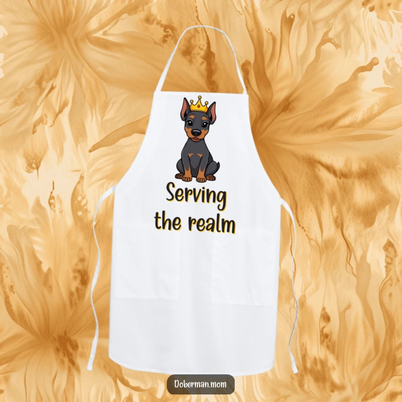 Funny Doberman dog wearing a tiny crown, sitting attentively on a protective apron, adding royal humor to cooking.