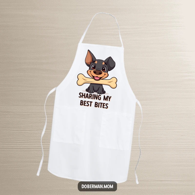 Funny Sweet Doberman apron with a happy smile, offering a well-worn bone, adding adorable humor and kindness to kitchen tasks.