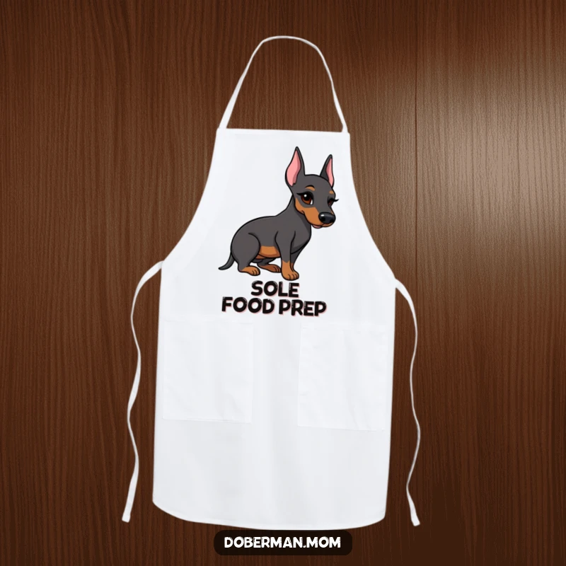 Funny Doberman apron showcasing a winking dog chef presenting a single polished boot, perfect for kitchen adventures.