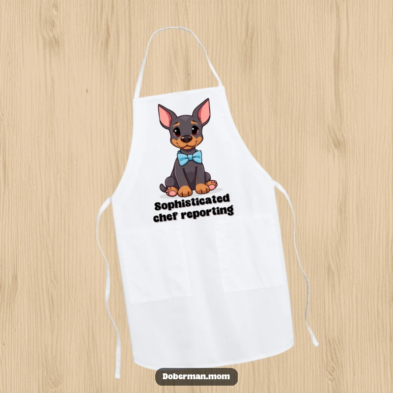 Funny Doberman apron featuring an attentive dog wearing a bow tie, adding stylish humor and protection for your kitchen adventures.
