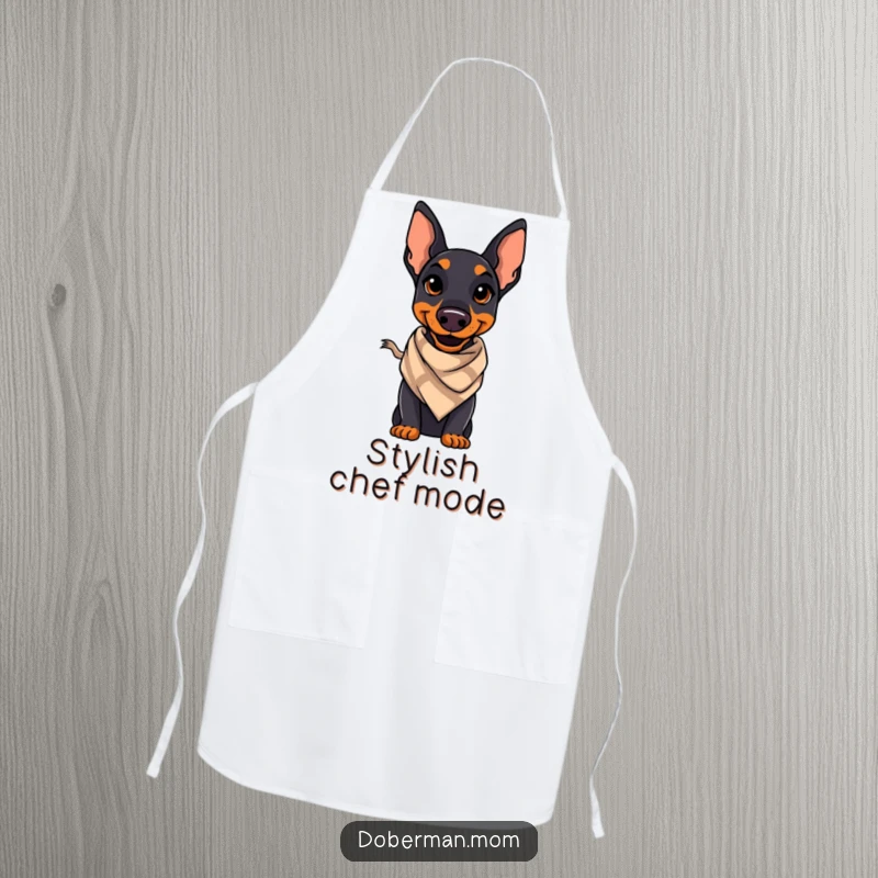 Funny Doberman apron showing a Doberman with a confident smile and a stylish scarf, perfect for stylish cooks.