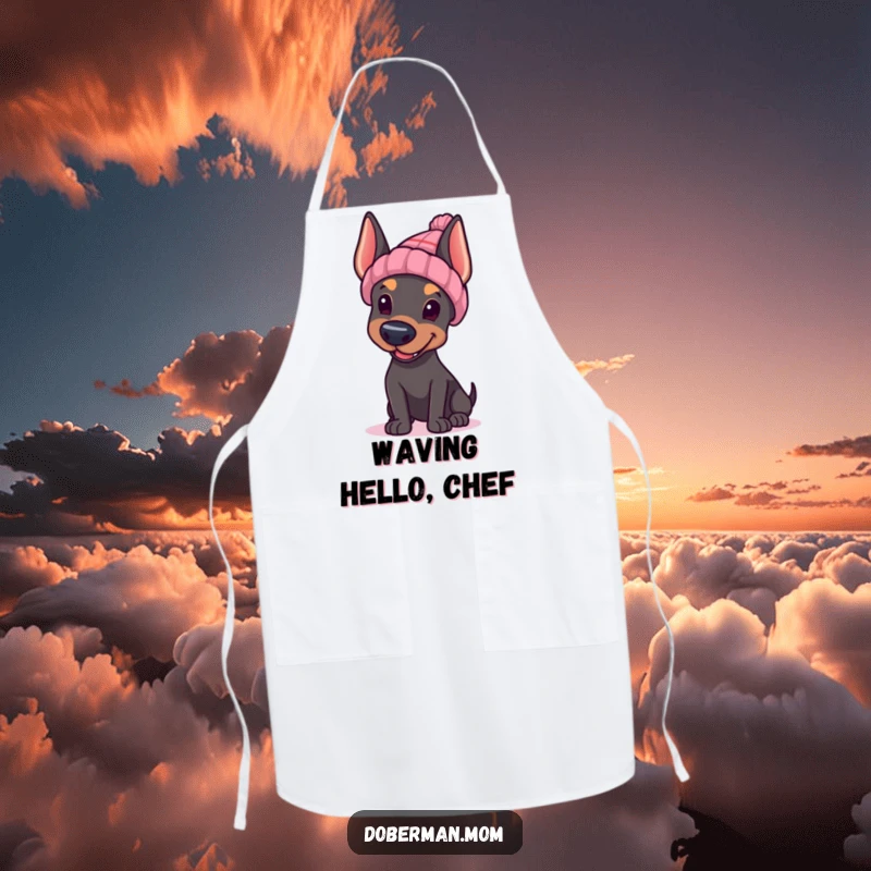 Funny Doberman hat wave apron, Doberman in knitted hat waving, cute kitchen wear.