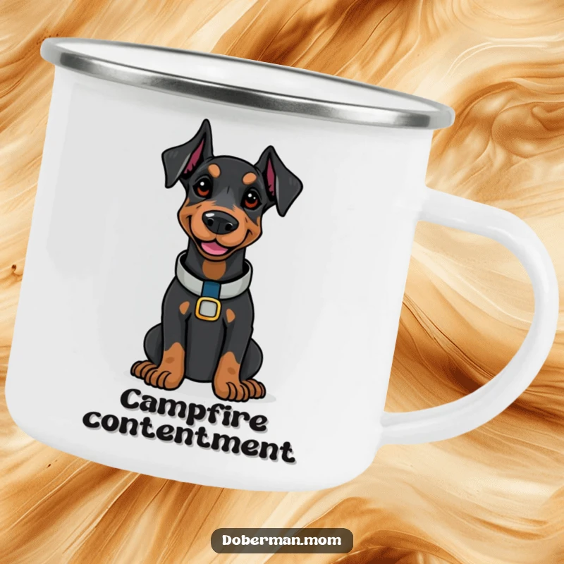 Doberman wearing a polished collar, smiling confidently, featured on a funny camping mug.