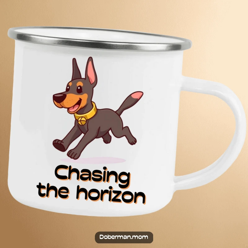 Funny Doberman wearing a tinkling bell collar, playfully chasing its tail, on a durable enamel camping mug.