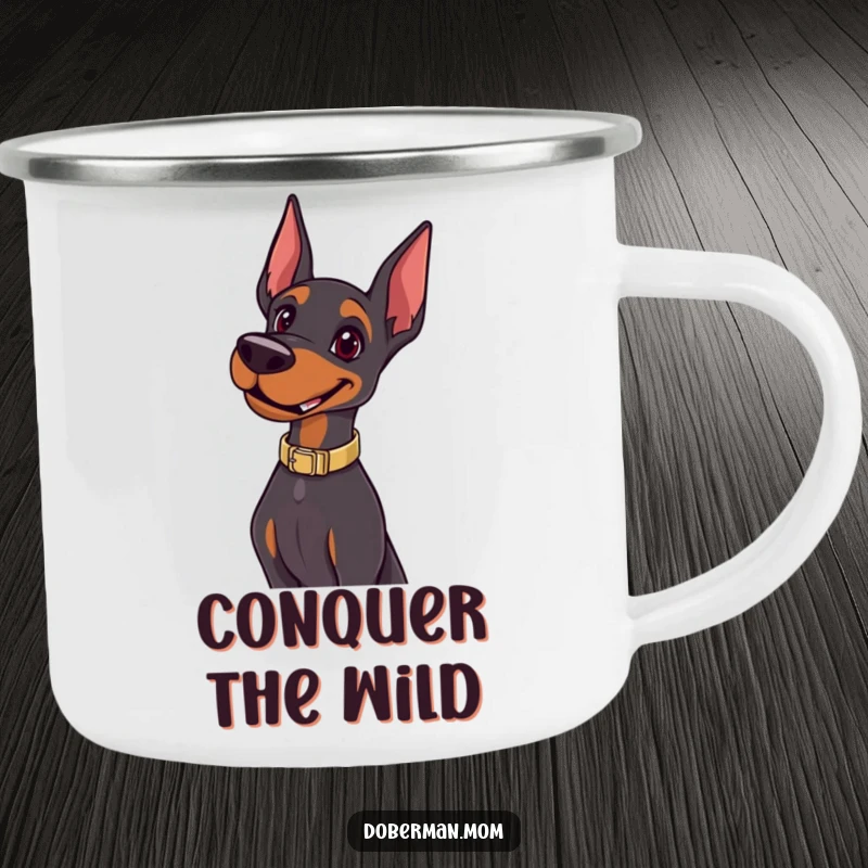 Funny Happy Doberman Pose Camping Mug: a durable mug featuring a happy dog posing confidently; humorous for stylish adventurers.