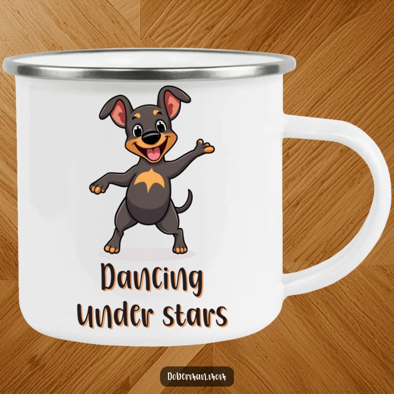 Funny Camping Mug: Cheerful Doberman character dancing with a wagging tail, ready for outdoor fun and celebration.