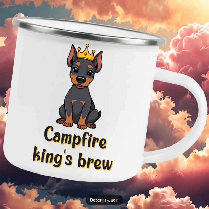 Funny Doberman dog wearing a tiny crown, sitting attentively on a camping mug, ready for outdoor royal duties.