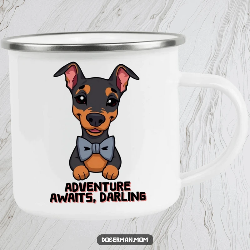 Funny Doberman Bow Tie Wink Camping Mug: a durable mug featuring a dapper dog in a bowtie winking; perfect for outdoor humor.