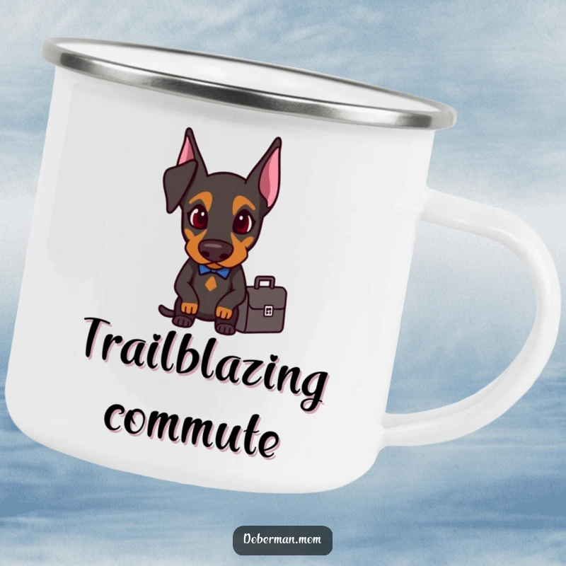 Determined Doberman with a briefcase, featured on a durable and funny camping mug.