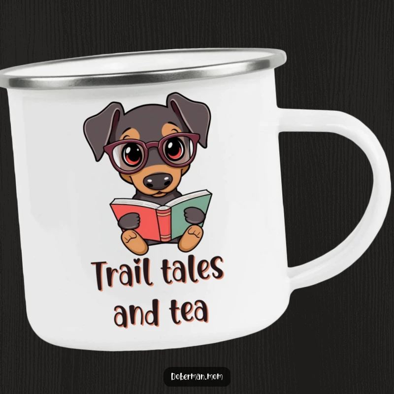 Funny Doberman Campfire Mug: A Doberman dog wearing reading glasses holds a book, ideal for outdoor reading.