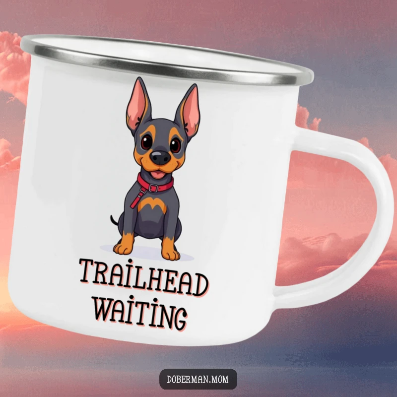 Funny Doberman Campfire Mug: A hopeful Doberman dog with a leash looks onward, ready for outdoor excursions.
