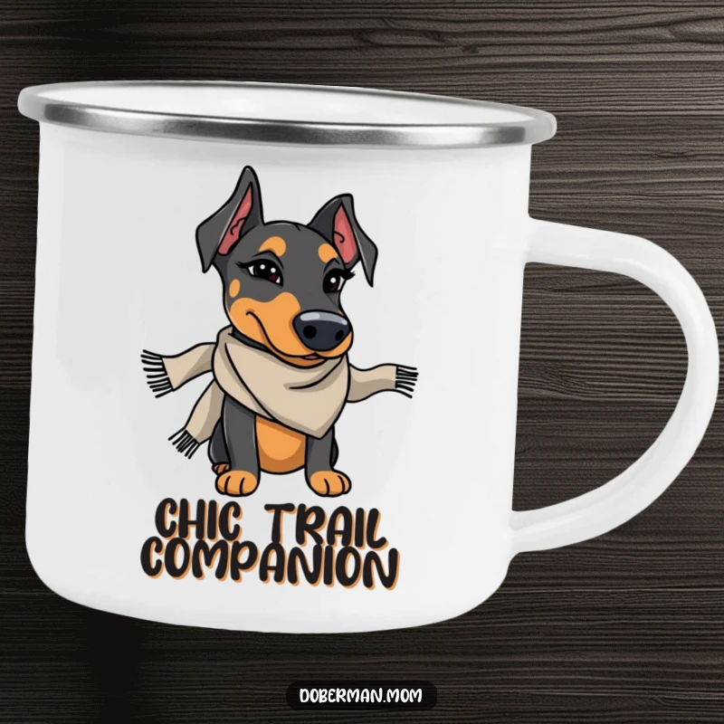 Funny Doberman wearing a stylish scarf winks charmingly, a humorous and rugged camping mug.