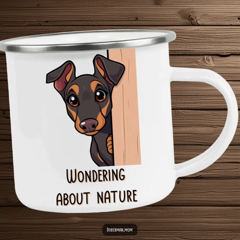 Funny Doberman camping mug, curious dog peeking around a corner with wide eyes, humorous and durable for outdoor exploration.