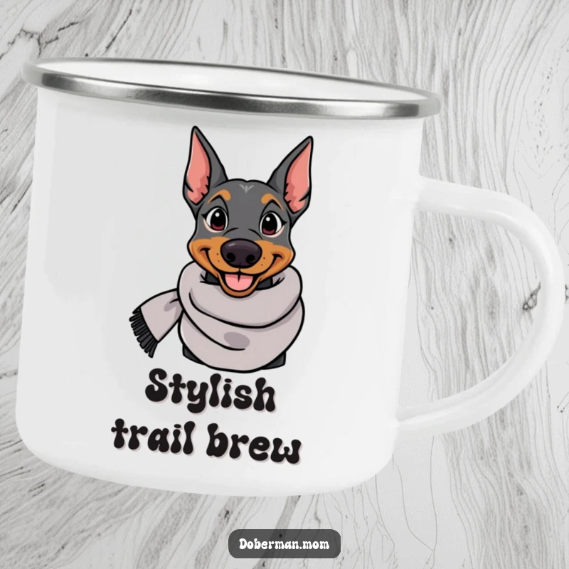 Funny Doberman camping mug with an elegant dog in a stylish scarf, perfect for enjoying drinks outdoors with humor.