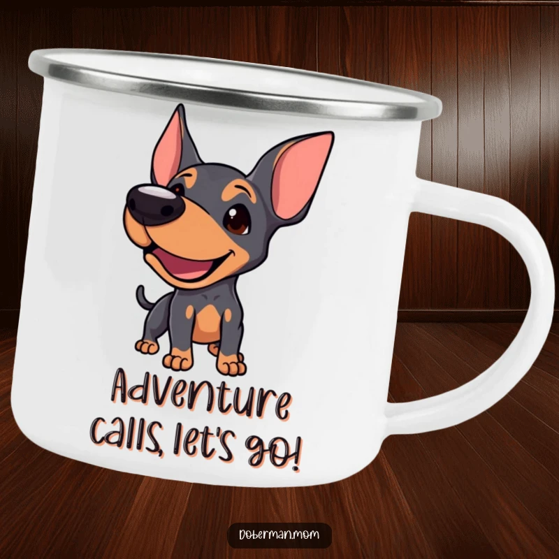 Funny Doberman camping mug featuring a dog mid-playful bark, ready for outdoor fun and interaction.
