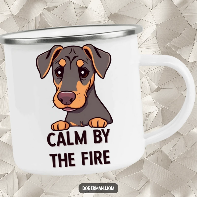 Durable camping mug featuring a funny Doberman with gentle eyes, offering comfort, designed for calming adventures.
