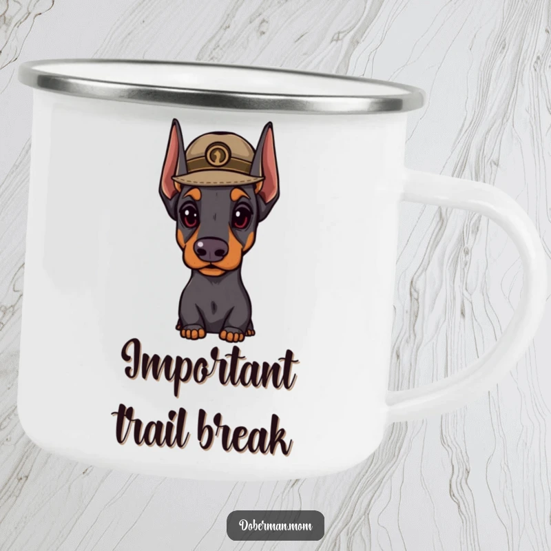 Funny Doberman hat camping mug featuring a distinguished dog in a small hat looking important, perfect for outdoor enthusiasts.