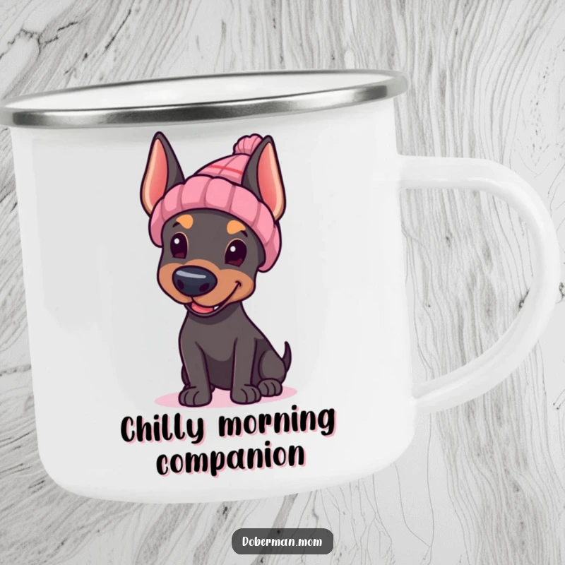 Funny Doberman hat wave camping mug, Doberman in hat waving, for outdoor adventures, cute and durable.