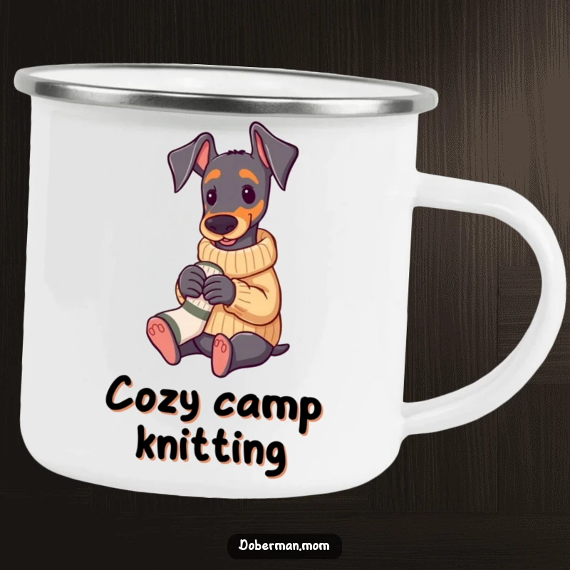 Funny Doberman in a cozy sweater knitting a tiny sock, durable camping mug.