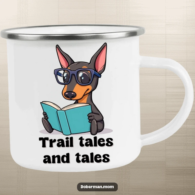 Funny Doberman Camping Mug of a Doberman dog wearing reading glasses, happily reading a book by a campfire.