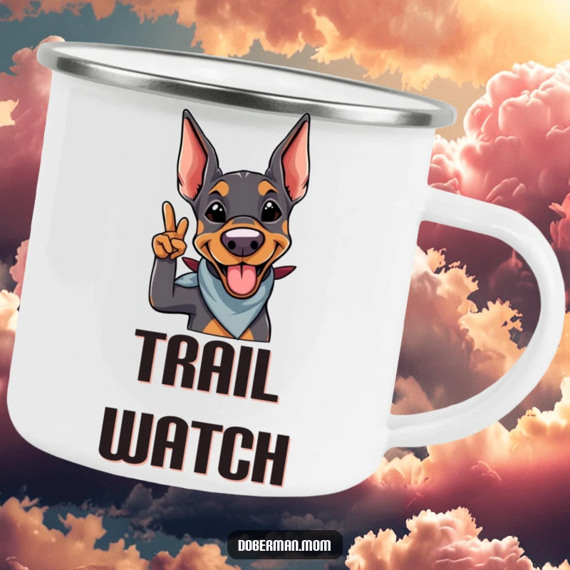 Funny Doberman Salute Camping Mug: A smiling doberman with a bandana gives a playful salute, perfect for outdoor duty.