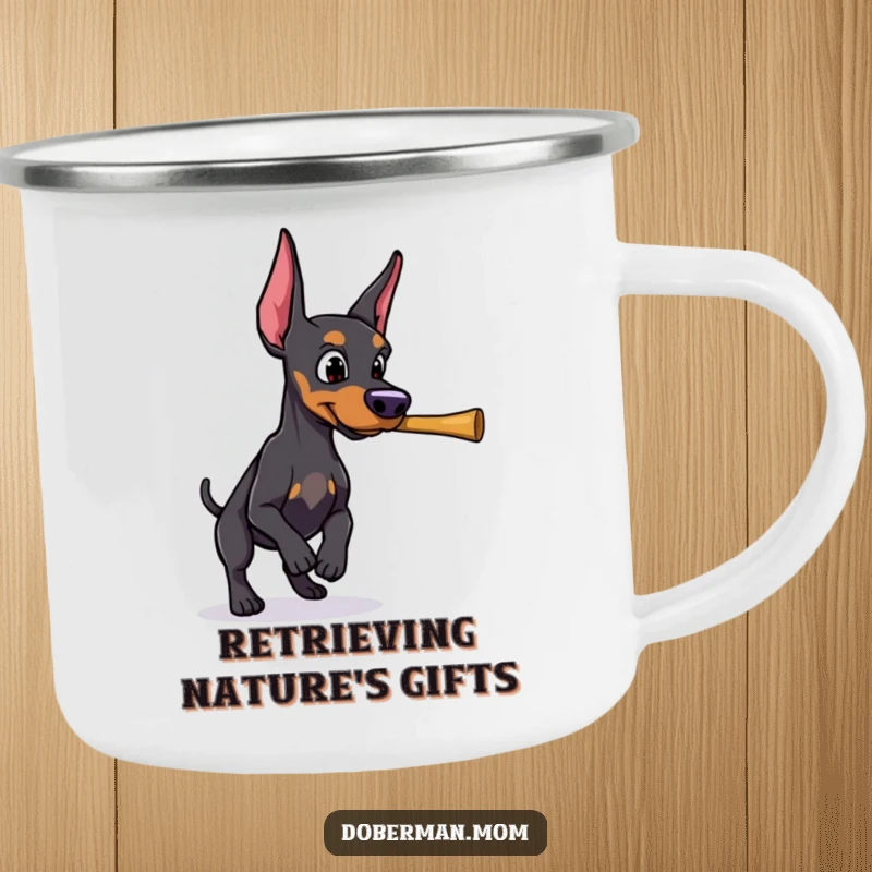 Durable camping mug featuring a funny Doberman with a determined gaze, retrieving a stick, designed for active souls.