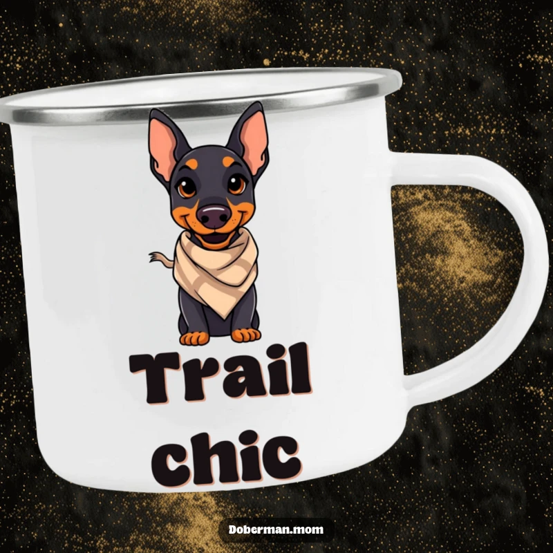 Funny Doberman camping mug showing a confident Doberman with a stylish smile and scarf, perfect for outdoor settings.