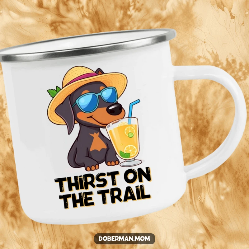 Funny Doberman dog wearing a sun hat and sipping a drink, a humorous camping mug for outdoor lovers.